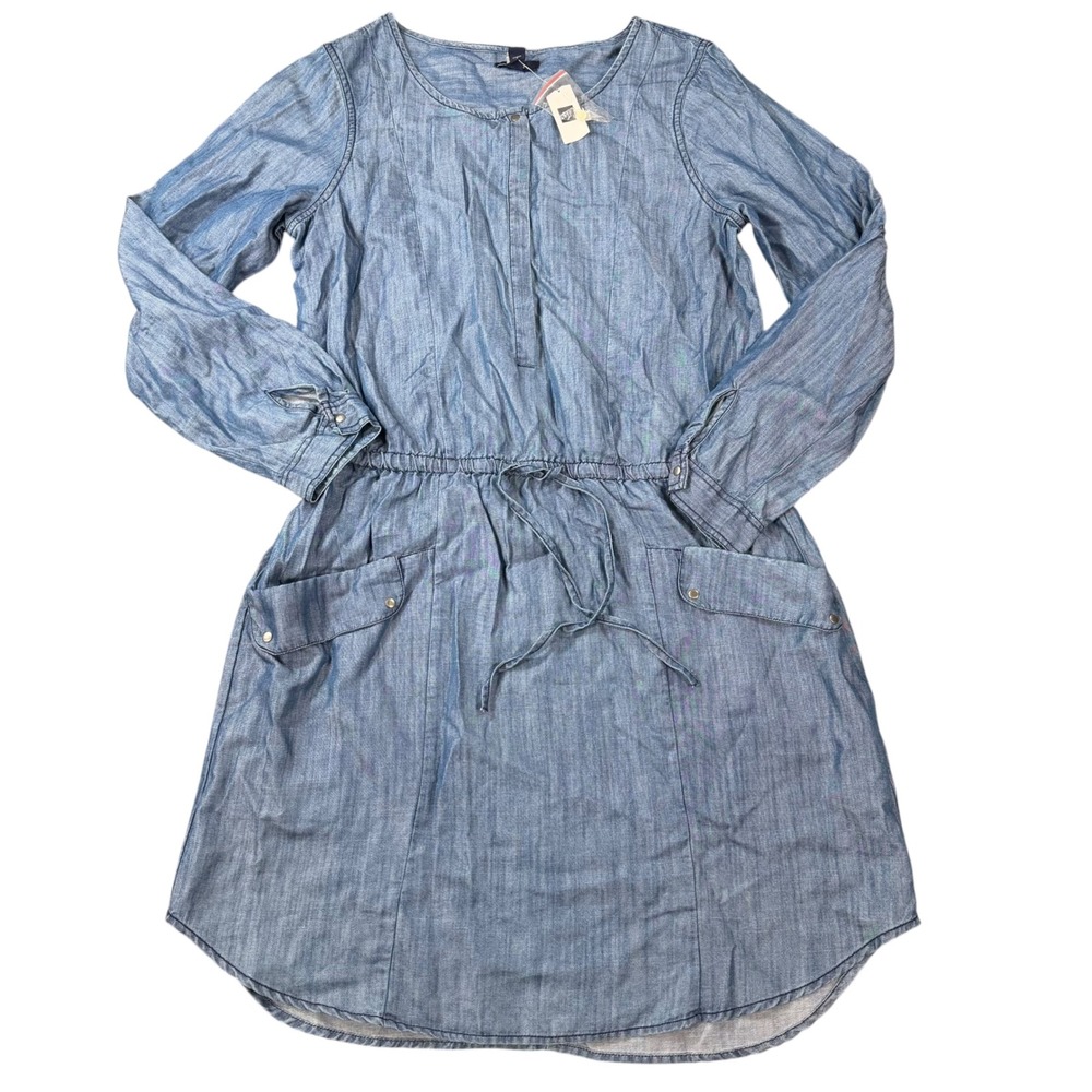 Gap Womens Chambray Drawstring Waist Blue Long Sleeve Shirt Dress Size M